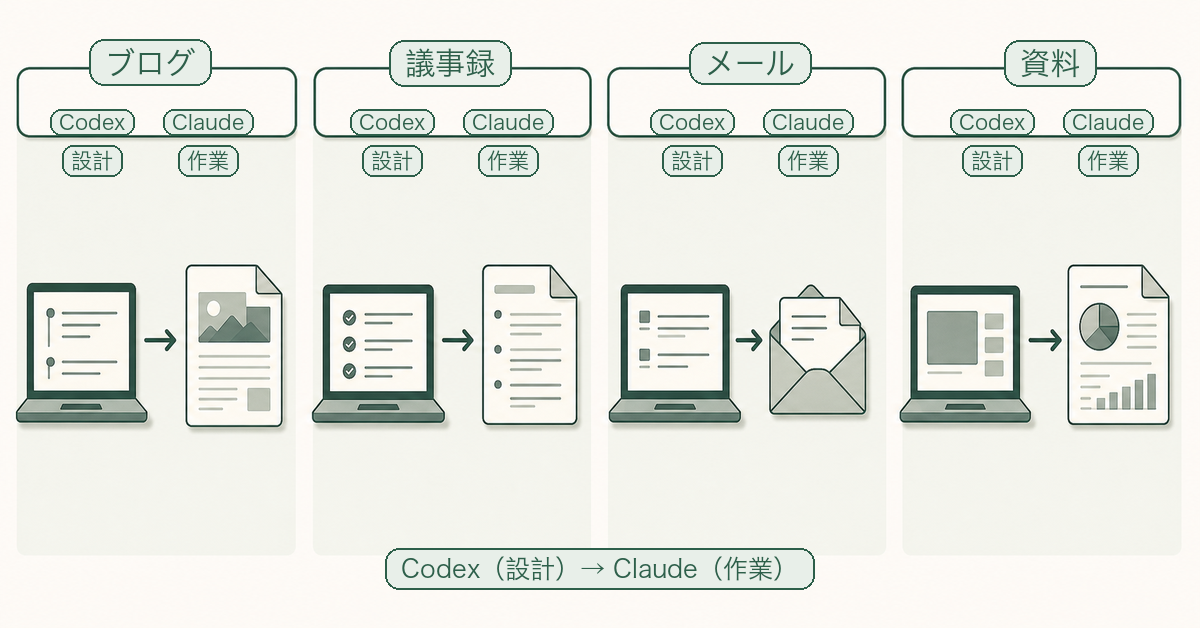 ブログ・議事録・メール・資料の4ケースをCodex設計→Claude作業で比較