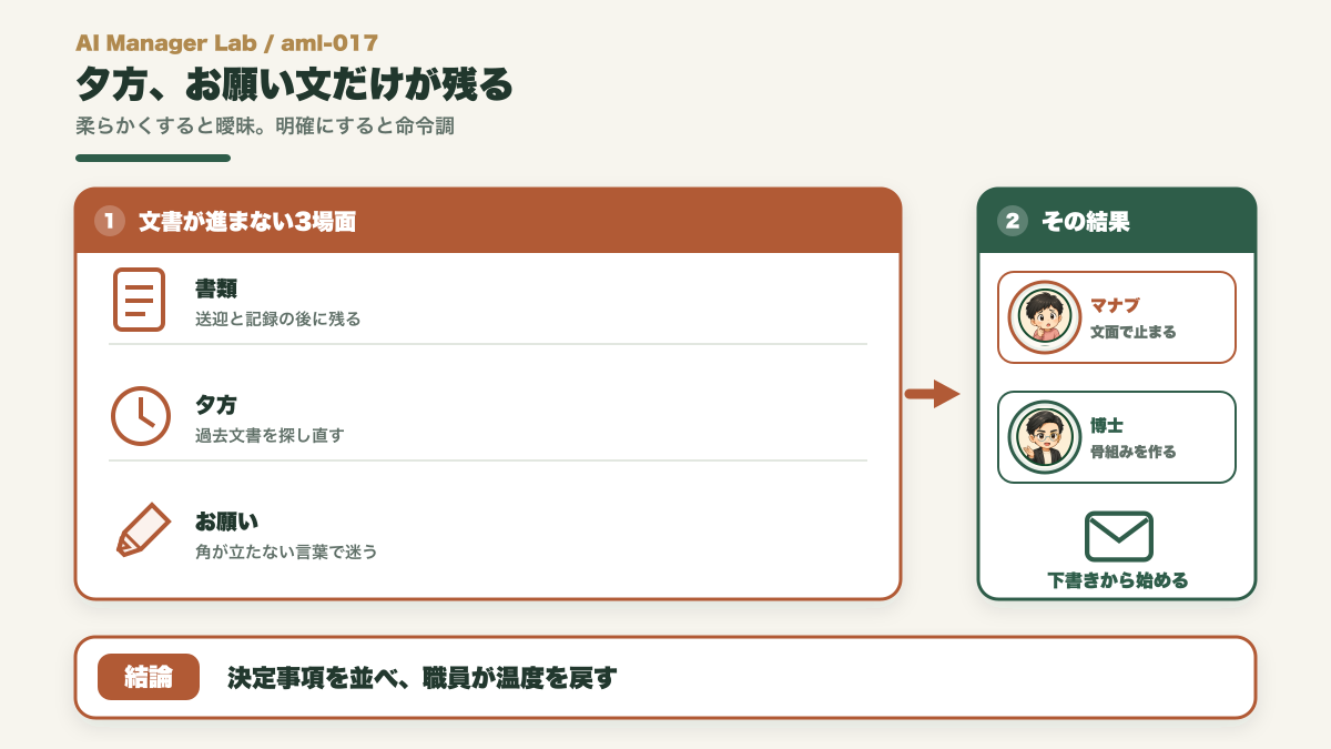 介護施設で夕方にお知らせ文がたまりお願いの表現で手が止まる様子を示す図