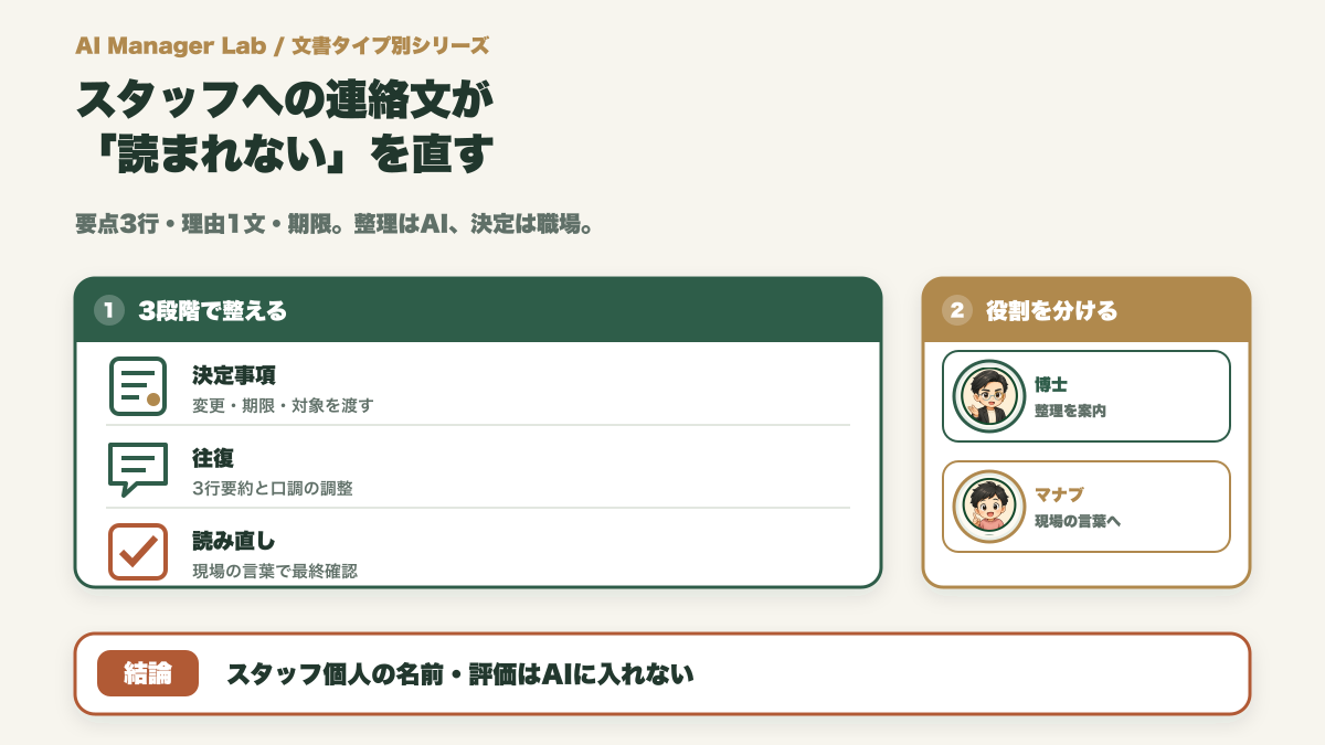 スタッフへの連絡文が「読まれない」を直す｜お願い・変更連絡をAIで短く分かりやすくする【社内周知】