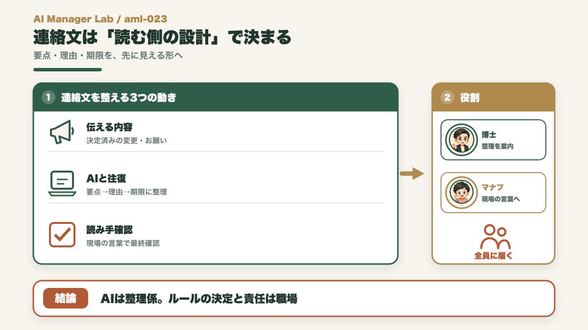 スタッフへの連絡文をAIと整理して全員に届く形にする図