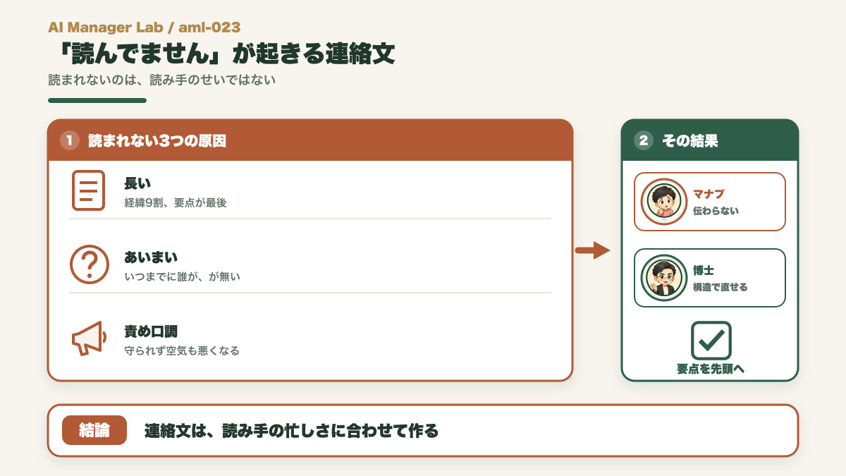 長くて曖昧で責め口調の連絡文が読まれない様子を示す図