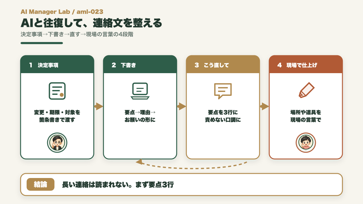 決定事項をAIに渡し要点理由期限の形へ整えて現場の言葉で仕上げる流れ図