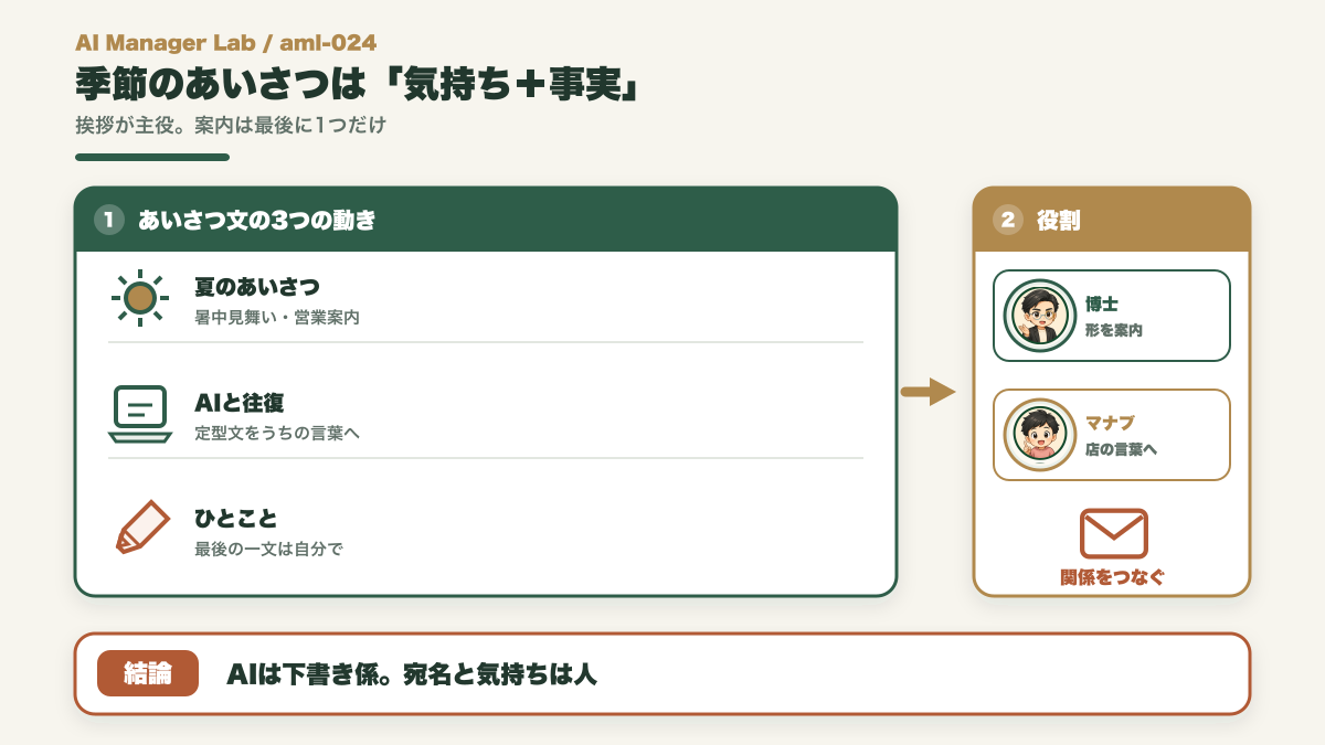 お客様への夏のあいさつ文をAIと書き最後は自分の一文で仕上げる図