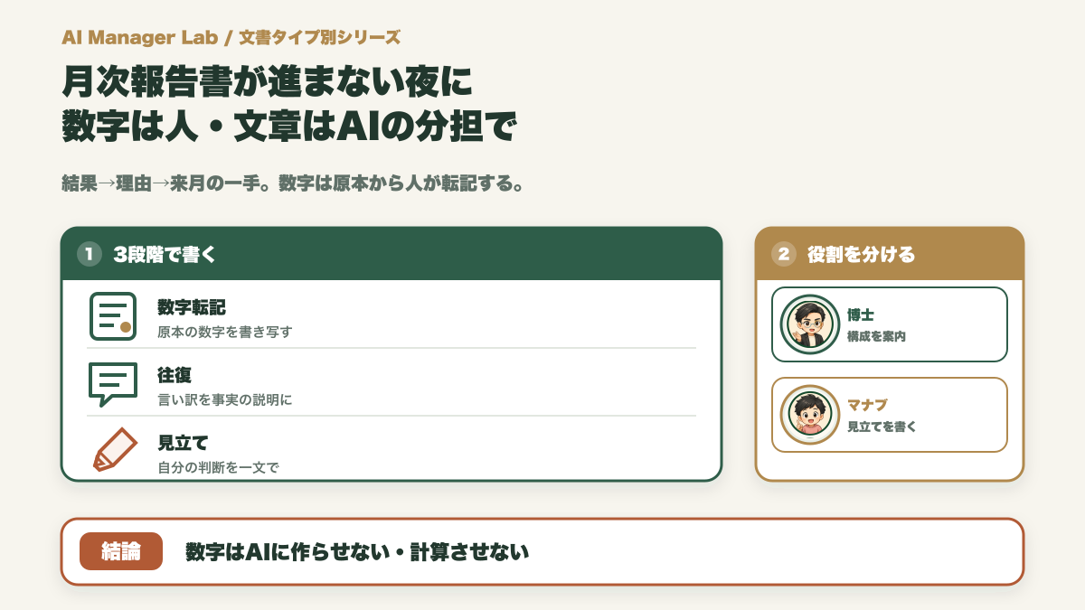月次報告書が進まない夜に｜数字は人・文章はAIの分担で書く【報告書の書き方】