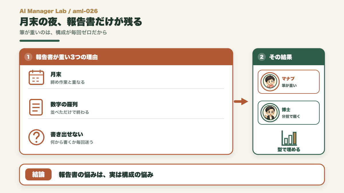 月末の締め作業のあとに報告書だけが残っている様子を示す図