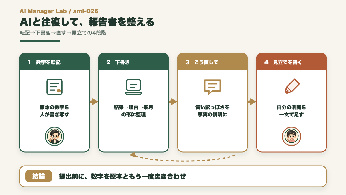 数字を人が転記しAIが構成を整え見立てを一文足す報告書づくりの流れ図