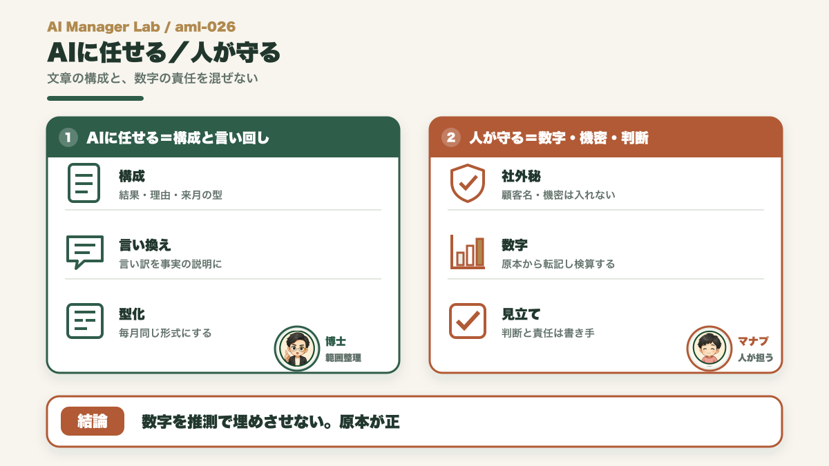 報告書づくりでAIに任せる構成と人が守る数字や判断を分ける図