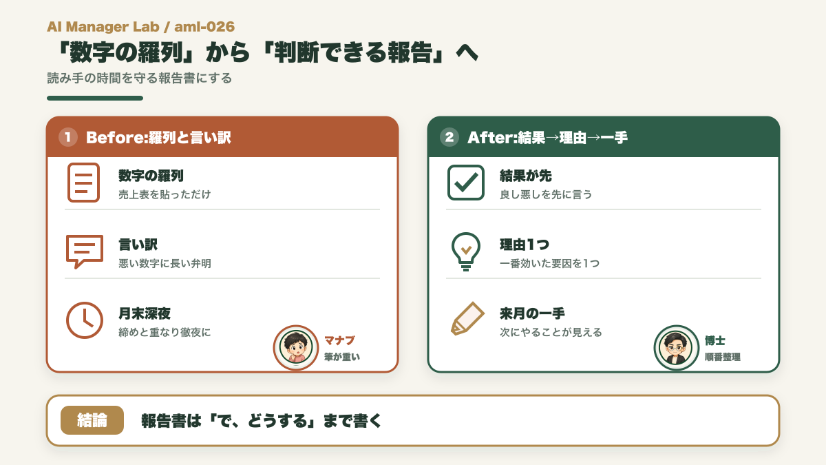 数字の羅列と言い訳の報告書から結果理由来月の一手が見える報告書へのBeforeAfter図