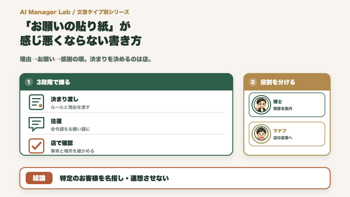 「お願いの貼り紙」が感じ悪くならない書き方｜注意書きをAIと練り直す【店頭掲示・文例】