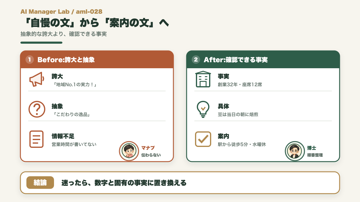 誇大で抽象的な紹介文から確認できる事実の紹介文へ変わるBeforeAfter図
