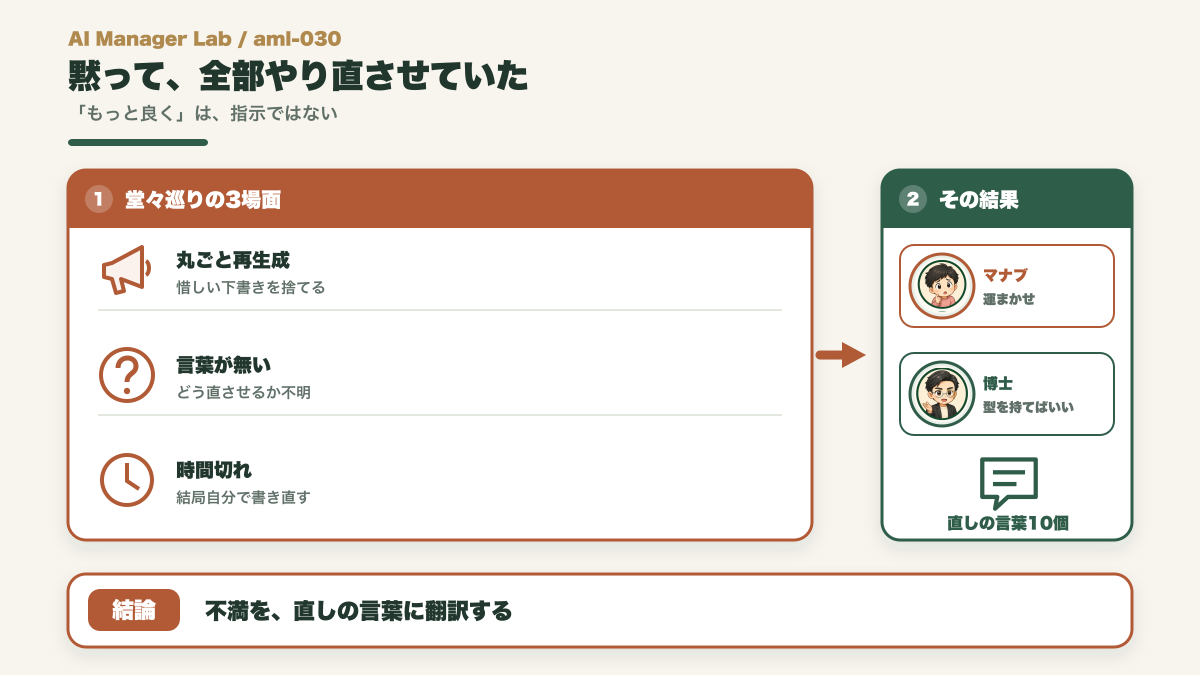 もっと良くと頼んで堂々巡りになる様子を示す図