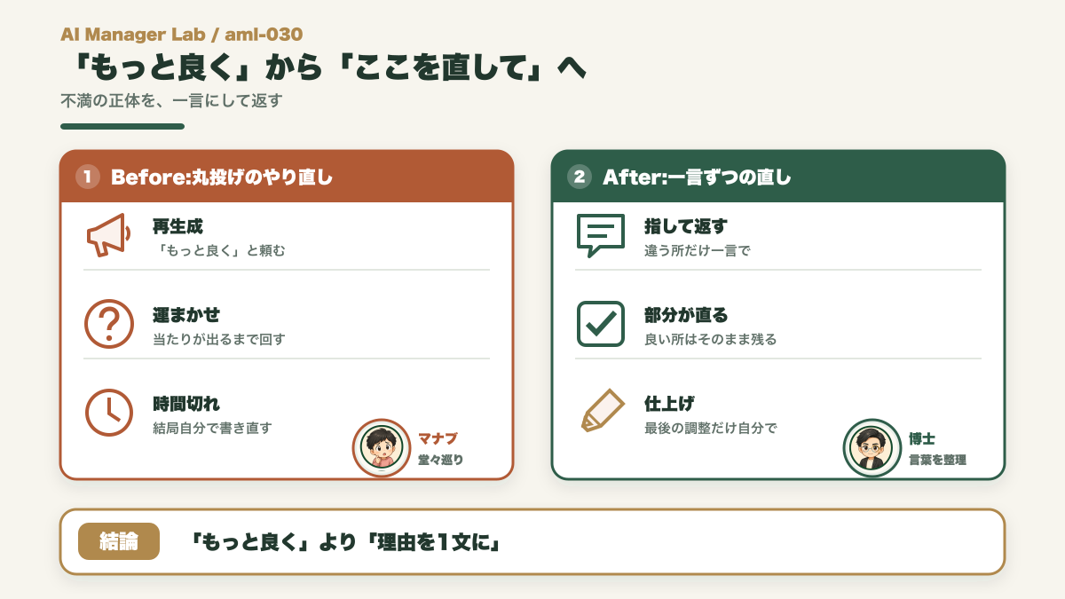 丸投げのやり直しから一言ずつの直しへ変わるBeforeAfter図