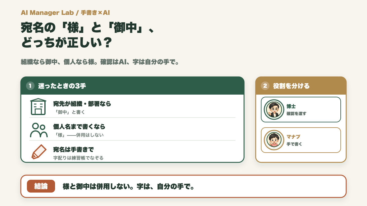 宛名の「様」と「御中」どっちが正しい？｜迷いはAIに確認、字は手書きで【封筒の宛名練習】