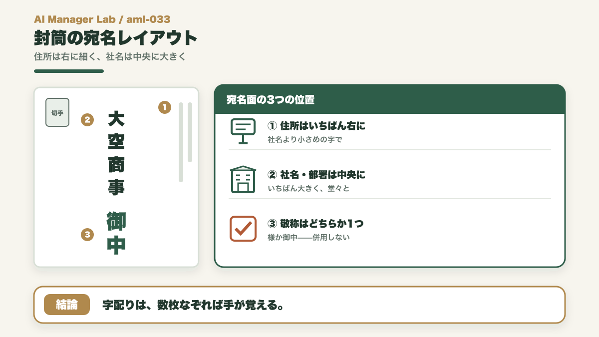 縦書き封筒の宛名レイアウト見本。住所は右に細く、社名は中央に大きく、敬称は様か御中を1つだけ書く