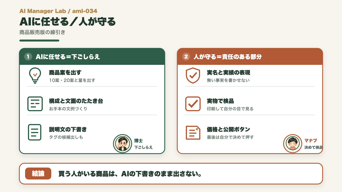 商品販売でAIに任せる案出しや文面と、人が守る実績表現・検品・公開ボタンを分ける対比図