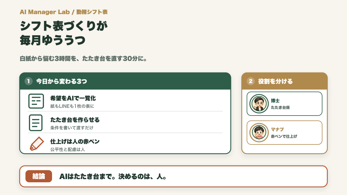 シフト表づくりが毎月ゆううつ｜希望とたたき台をAIと整理する【勤務シフト表】