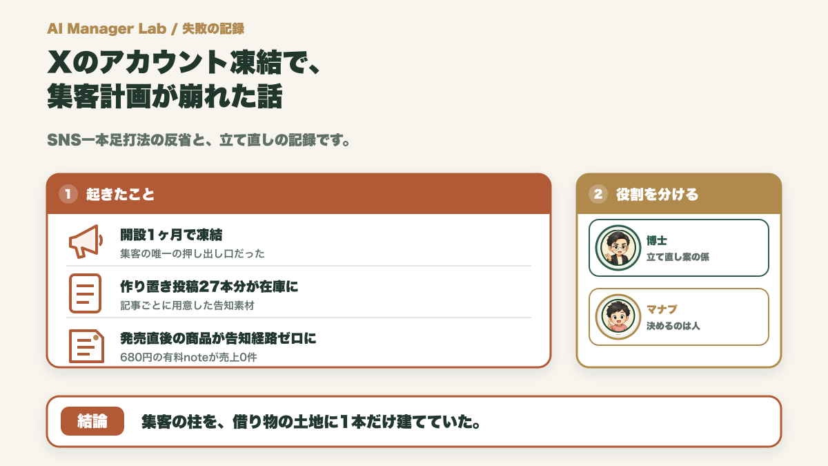 Xのアカウント凍結で集客計画が崩れた話｜SNS一本足打法の反省と立て直し