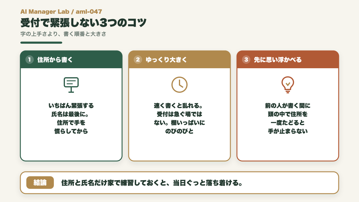 受付で緊張しない3つのコツの図。住所から書く、ゆっくり大きく、前の人の間に思い浮かべる