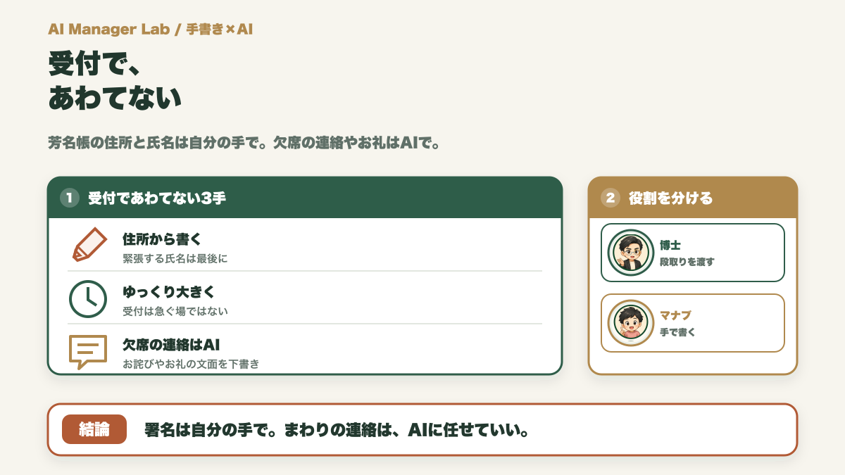 芳名帳で緊張して手が止まる人へ|受付で住所と氏名を落ち着いて書くコツと、欠席連絡をAIで整える方法